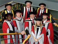 Back row: Chairman of the Governors, Sandy Anderson OBE, Chancellor Lord Sawyer, Vice-Chancellor Professor Graham Henderson. Front row: Dr John Sentamu, Archbishop of York, Rob Smedley, Formula 1 engineer, Trevor Arnold MBE, former Managing Director K Home International, Adele Parks, novelist, Paul Rodgers, singer-songwriter.