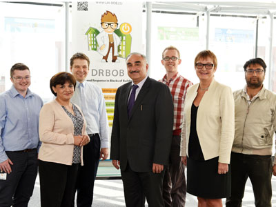 The DR-BoB project team. From left - Ethan Lumb, Huda Dawood, Vladimir Vukovic, Nash Dawood, John Broderick , Tracey Crosbie and Muneeb Dawood.. Link to University research could herald new energy management solutions.