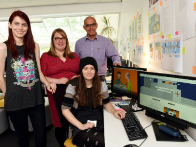 From left: Kayleigh Stevens (BA(Hons) Computer Games Animation graduate); Eleanor Land (Senior Lecturer, School of Computing); Gerard Danjoux (Consultant in Anaesthesia) and (seated) Zoe Llewellyn (BA(Hons) Computer Character Animation graduate) From left: Kayleigh Stevens (BA(Hons) Computer Games Animation graduate); Eleanor Land (Senior Lecturer, School of Computing); Gerard Danjoux (Consultant in Anaesthesia) and (seated) Zoe Llewellyn (BA(Hons) Computer Character Animation graduate)