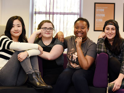 Students who worked on the BBC Radio 4 Listening Project, from left: Yaxi Zhang, Aymee King, Tamanya Thorpe-Slater, Andreea Rosu. Students who worked on the BBC Radio 4 Listening Project, from left: Yaxi Zhang, Aymee King, Tamanya Thorpe-Slater, Andreea Rosu.