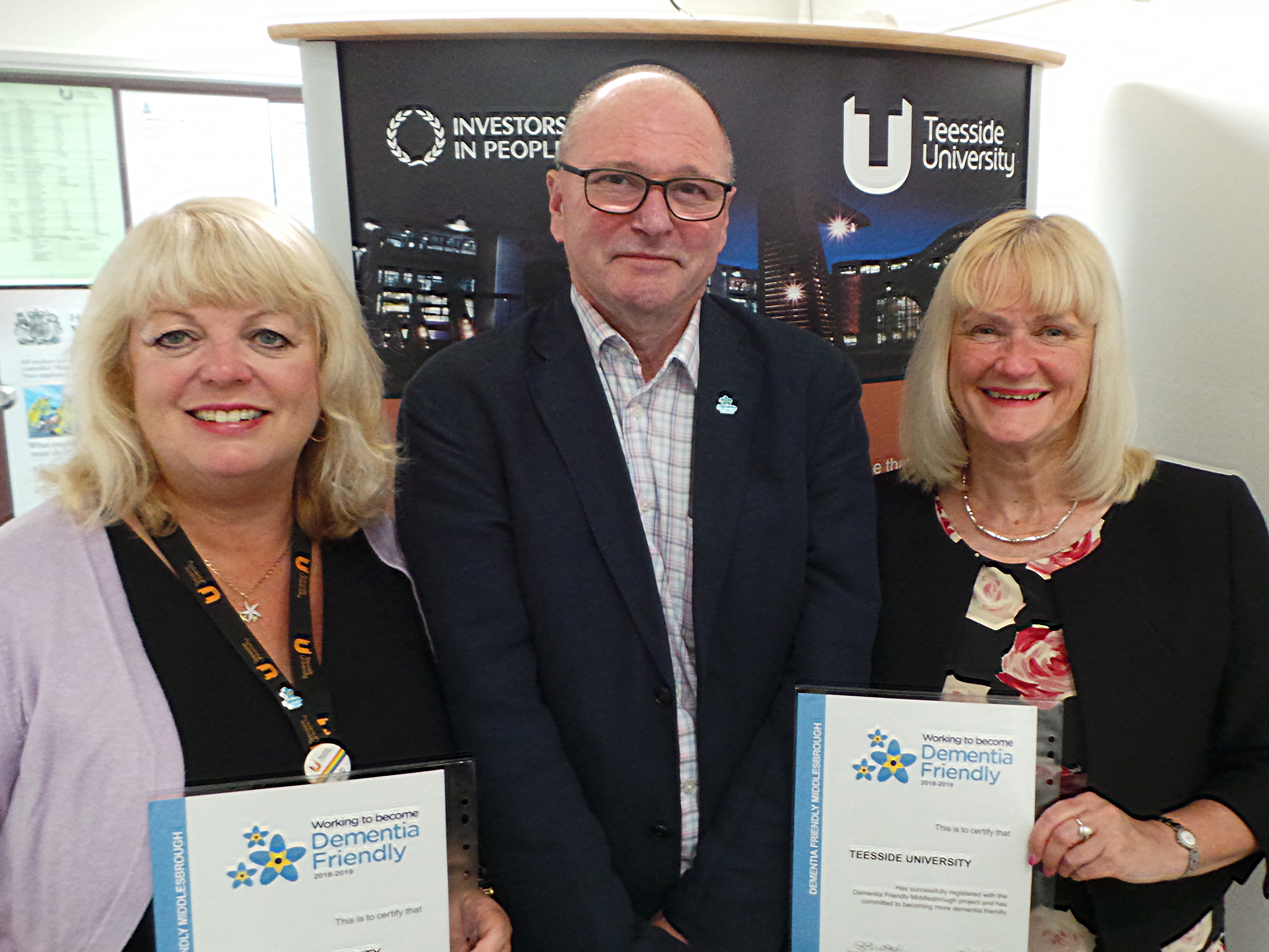 Margaret Younger, Equality and Diversity Adviser, Juliet Amos, Director of Human Resources and Brian Rowcroft, Project Lead for Dementia Friendly Middlesbrough.. Link to University pledge to support people affected by dementia.