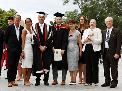 Nico’s parents Maria and Tony Davison, Vice-Chancellor Professor Paul Croney, Nico Davison, Anna Kennedy, partner Theanna Desanchez, and grandparents Maria and Tony Sammarone. Nico’s parents Maria and Tony Davison, Vice-Chancellor Professor Paul Croney, Nico Davison, Anna Kennedy, partner Theanna Desanchez, and grandparents Maria and Tony Sammarone.