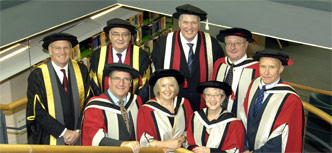Back row: Chairman of the Governors, Sandy Anderson, Chancellor Lord Sawyer, Vice-Chancellor Professor Graham Henderson, Eric Thomas (Vice-Chancellor of the University of Bristol), Alan Hinkes OBE. Front row: Steve Penrose (Senior vice-president of ADP), Margaret Fay OBE (Chairwoman of One NorthEast) and Thelma Barlow. Link to Teesside’s Honorary Graduates 2008.