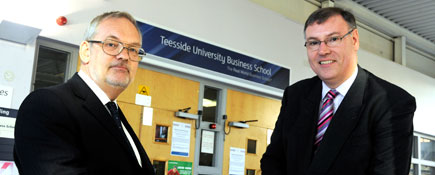 Deputy Governor of the Bank of England Charlie Bean with Dean of Teesside University Business School Alastair Thomson.. Link to Deputy Governor of the Bank of England speaks to Teesside students.