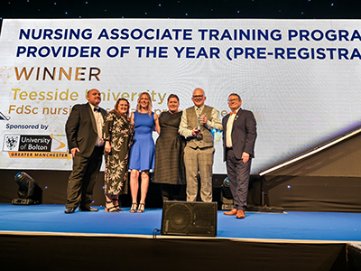 Receiving the award for Nursing Associate Training Programme Provider of the Year (pre-registration). Link to View the pictures.