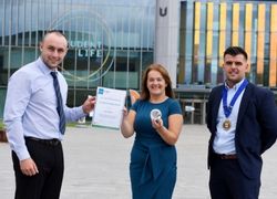 The Transporter Bridge Anniversary Award was presented to Jay Allison (left) by Emma Hughes, Chair of ICE Teesside (centre) and Peter Conlan, Regional Chair of CIHT (right)