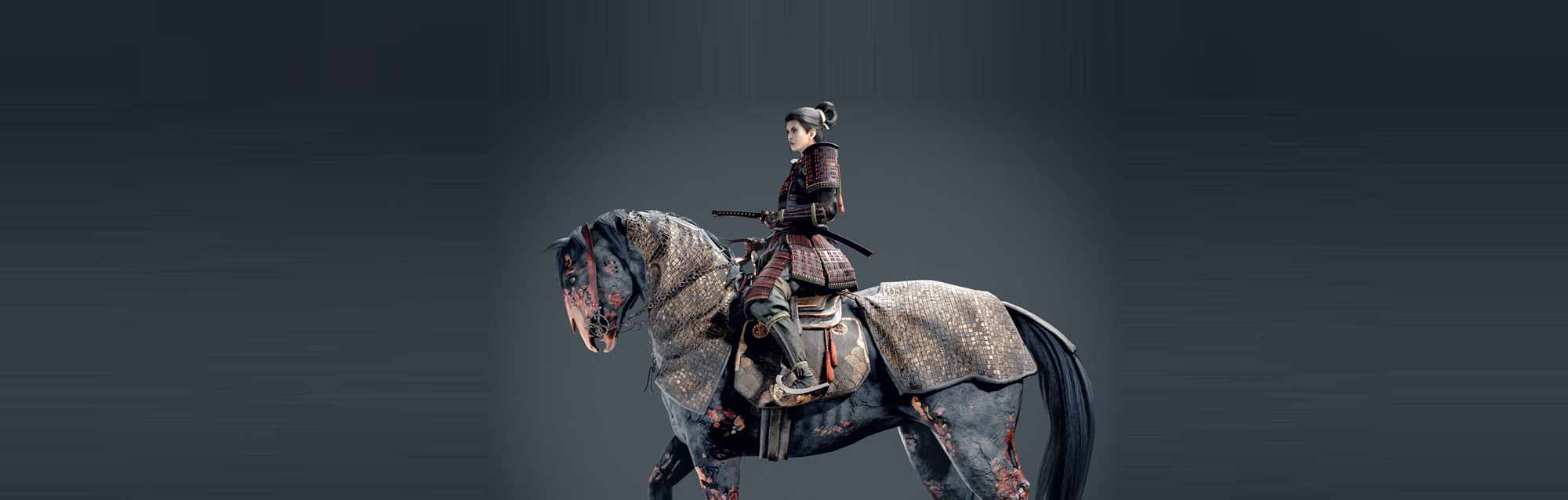 Female samurai riding a zombie horse, games art degree