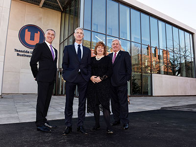 (From left) Vice-Chancellor and Chief Executive Professor Paul Croney, Chairman of the Board of Governors Alastair MacColl, Chancellor Paul Drechsler CBE and Dean of Teesside University Business School Dr Susan Laing.. Link to New Business School to help transform the Tees Valley economy.