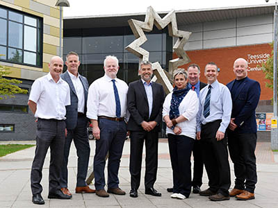 Members of the Teesside University and 2PD Knowledge Transfer Partnership: (L-R) Professor Denis Martin, Professor of Rehabilitation; Jason Timms, Managing Director of 2PD; Dr Alasdair MacSween, Senior Lecturer in Research Governance; Stuart Mead, Chairman of 2PD; Sarah Oatway, KTP Associate; Geoff Archer, Head of Knowledge Exchange, Teesside University; Dr Cormac Ryan, Reader; Eddie Dandy, Director of 2PD. Link to Research partnership could help treatment of phantom limb pain.