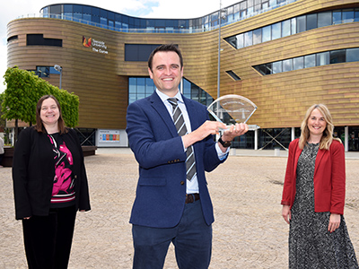 (left) Paula McMahon, ICE North East Vice Chair and Founding Chair Engineering Together, (middle) Daniel Patton (right) Nicola Hill, CIHT North East and Cumbria Chair and Engineering Together member. Link to Engineering graduate receives Transporter Bridge Award.
