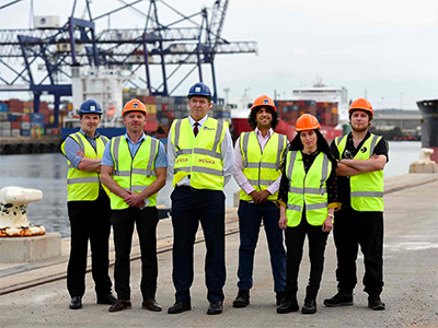 Left to right: Martin Walker (PD Ports), Professor Michael Short (Teesside University), Maurice Brooksbank (PD Ports), Edgar Segovia-Leon (Teesside University), Farida Amrouche (Teesside University), Andrew Kidd (Teesside University).