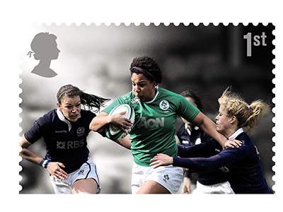 Teesside University graduate Sophie Spence, pictured in green, on the new Royal Mail stamp. Link to Sophie among rugby stars celebrated on commemorative stamps.