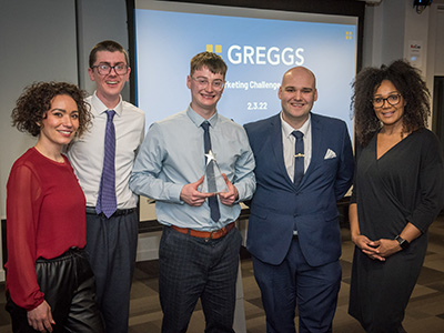 Zoulika Lamamra, Senior Lecturer in Marketing & Public Relations, with challenge winners Charlie Williams, Adam Dalton and Mark Harrison, and Femi Waters-Ajisafe, Principal Lecturer in Marketing and Recruitment. 