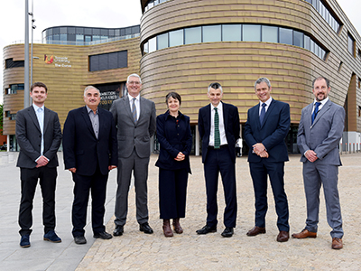 Harry Ford (Graduate Engineer at Kellas Midstream); Professor Nashwan Dawood (Associate Dean, Teesside University School of Computing, Engineering & Digital Technologies); Stefan Kent (Asset Support Manager, Kellas Midstream); Siobhan Fenton (Associate Dean, Teesside University, School of Computing Engineering & Digital Technologies); Professor Stephen Cummings (Pro Vice-Chancellor, Research and Innovation); Alan Murray (Operations & Projects Director at Kellas Midstream); and Dr Adam Adgar (Head of Engineering Department, Teesside University).