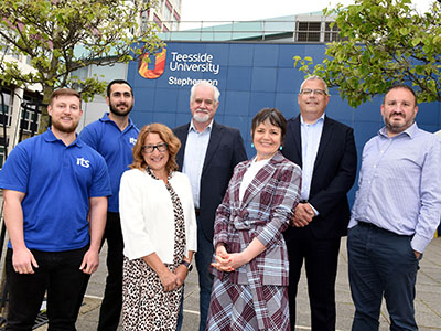 (left to right) Arron Taylor (ITS), Amir Arjandi (ITS), Joanne Rout (ITS), Malcolm Knott (ITS), Siobhan Fenton (Teesside University), Graham Ives (ITS), Dr Ruben Pinedo-Cuenca (Teesside University). Link to Partnership to drive forward business solutions.