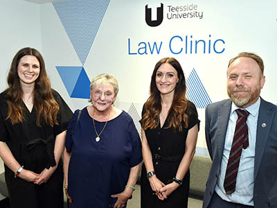 Speakers at the industry celebration event (L-R) – Hannah Sellers, Director of Clinical Legal Education;  Ann Ming, double jeopardy campaigner; Angela King, Head of Law, Policing and Investigation; Professor Paul Crawshaw, Dean of the School of Social Sciences, Humanities & law.. Link to Celebrations as free legal service expands.