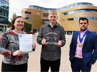 Left to right - Paula McMahon (Co-Chair, Sir Robert McAlpine), Daniel Crow and Peter Conlan (Regional Chair, CIHT) . Link to Forward-thinking degree apprenticeship graduate wins prestigious engineering award.