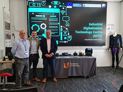 Dave Spencer (IDTC Business Innovation Manager), Michael Thompson (IDTC Project Manager) and Zeynel Badak (Founder and Director of ZEST I/O) in the IDTC lab at Teesside University.