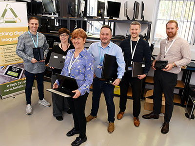 From left: Stephen Goodall, Teesside University; Lyndsey Coe, Thirteen; Sue Kearney, Hope Foundation; Steve Dougan, Head of Enterprise at Teesside University; David Thomas, furbdit; Francis Hammill, furbdit.. Link to Business premises offer key to improving digital access.