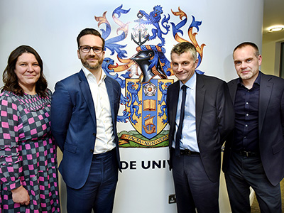 From left - Sarah Glendinning, CBI North East Regional Director; John Foster, CBI Policy Director; Professor Stephen Cummings, Pro Vice-Chancellor (Research and Innovation); Professor Craig Gaskell, Pro Vice-Chancellor (Enterprise and Knowledge Exchange).. Link to From left - Sarah Glendinning, CBI North East Regional Director; John Foster, CBI Policy Director; Professor Stephen Cummings, Pro Vice-Chancellor (Research and Innovation); Professor Craig Gaskell, Pro Vice-Chancellor (Enterprise and Knowledge Exchange)..