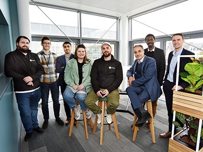 The Mevocrete project team. From left - Sam Clark, Co-Founder, Material Evolution; James Bramley, Project Manager, Material Evolution; Dr Kamal Elyasi, Research Associate, Teesside University; Dr Elizabeth Gilligan, Founder and CEO at Material Evolution; Kieran Gilligan, Co-Founder, Material Evolution; Dr Sina Rezaei Gomari , Mevocrete project principal investigator (PI); Dr Tariq Ahmed, Lecturer in Chemical Engineering and Mevocrete project Co-Investigator; Professor David Hughes, Associate Dean (Research and Innovation) and Mevocrete project Co-Investigator.