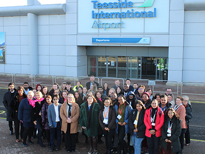 Students and delegates at Teesside Airport