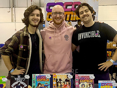 Left to right: Theo Pickering, Tom Philipson and James Brady. Link to Start-up business celebrating comics creators at convention.