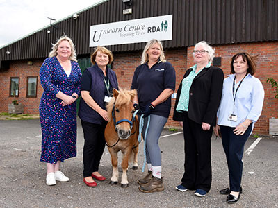Jayne Golden, Teesside University; Pat White, trustee at the Unicorn Centre; Acer the therapy pony; Caroline Murrell, Equine Operations Manager at the Unicorn Centre;  Christine Cook, Teesside University  and Helen Dudiak, representing the University’s Be The Change panel.