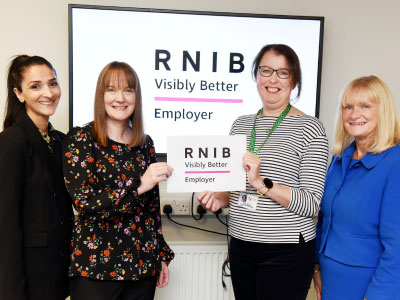 Left to right: Saliah Hameed, Marie Clarkson, Emma Bradburn and Juliet Amos.. Link to Teesside University recognised as a Visibly Better Employer by leading sight-loss organisation.