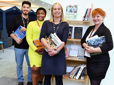 Student and Library Services assistants, Happiness Azu and Cristian Comsa, with Student and Library Services Director Rosie Jones and Assistant Director, (Learning, Teaching & Research), Jackie Oliver. Link to Student and Library Services assistants, Happiness Azu and Cristian Comsa, with Student and Library Services Director Rosie Jones and Assistant Director, (Learning, Teaching & Research), Jackie Oliver.