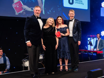 Emma Vincent, Deputy Director Student Futures and Donna Hay, Assistant Director Student Futures in Student & Library Services accepting the award.. Link to Teesside University recognised with prestigious national prize for Best University Employability Strategy.