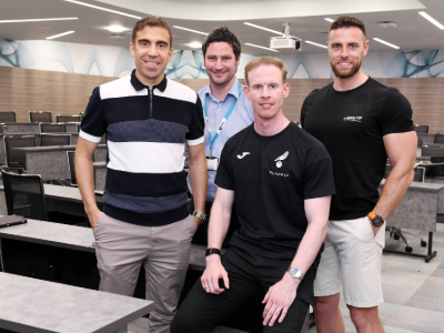 (L-R) Dr Jonathan Taylor, Professor Paul Chesterton, Louis Cunningham and Shaun McLaren. (L-R) Dr Jonathan Taylor, Professor Paul Chesterton, Louis Cunningham and Shaun McLaren. Link to Alumni support elite football event.