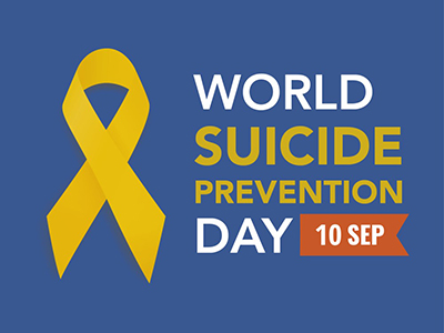 Words 'World Suicide Prevention Day, 10 Sep' on a blue background, with a yellow gold ribbon.. Link to World Suicide Prevention Day 2025.