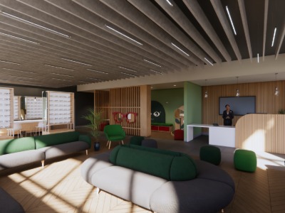 An image of the reception and dispensary at the proposed new optometry facility at Teesside University. Link to An image of the reception and dispensary at the proposed new optometry facility at Teesside University.