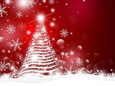 Stylised image of a Christmas tree, snowflakes and baubles. White  image on red background.. Link to Winter Vacation guide 2025-26: Events, activities and information.