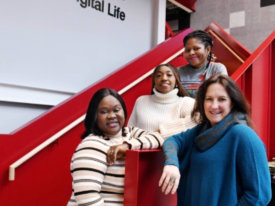 Elizabeth Taylor, Oluwaremilekun Tola-Okunfolami,  Oluwadamilola Justina Aladesuyi-Oyelude, with Myriam Mallet  Principal Lecturer (Learning & teaching) of the School of Computing, Engineering & Digital Technologies. . Link to Elizabeth Taylor, Oluwaremilekun Tola-Okunfolami,  Oluwadamilola Justina Aladesuyi-Oyelude, with Myriam Mallet  Principal Lecturer (Learning & teaching) of the School of Computing, Engineering & Digital Technologies. .