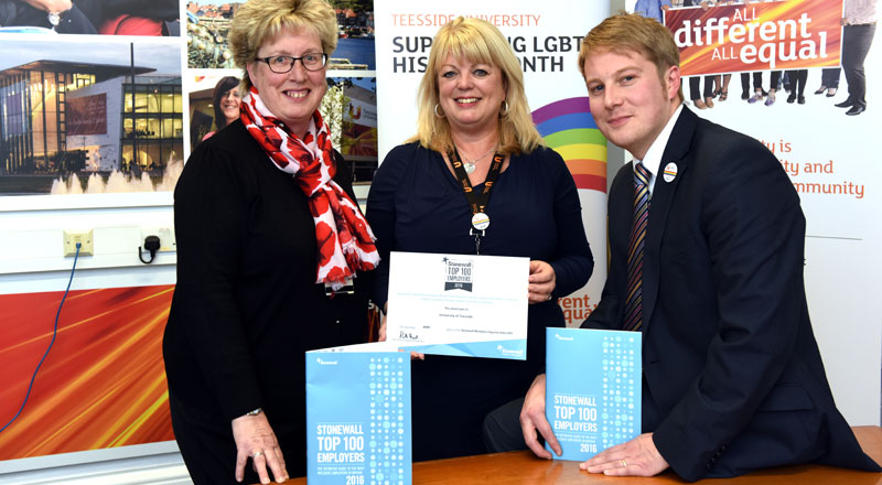 Joan Heggie, who chairs the University's LGBT Focus Group, Equality & Diversity Adviser Margaret McFee and Michael Lavery, Executive Director, External Relations and LGBT champion