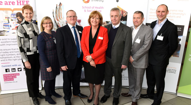 From left - Anne Binks (Assistant Dean,  School of Health & Social Care), Gillian Janes (Principal Lecturer, School of Health & Social Care), Dr Seamus O’Neill (Chief Executive Officer, AHSN NENC), Linda Nelson (Assistant Dean, School of Health & Social Care), Professor Ged Byrne (Director of Education and Quality, Health Education England), Mr Jon Hanson, (HEE NE),  Mr Tony Roberts (Patient Safety Collaborative Programme Lead, AHSN NENC).