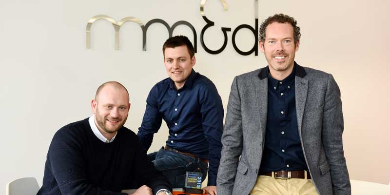 mm&d management team (left to right): Digital Director Mark Skirving, Business Development Manager Owain Jenkins, and Design Director Gavin Hatton.