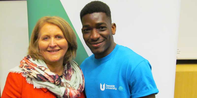 Children's Commissioner Anne Longfield OBE, with Teesside University student Yacouba Traore.