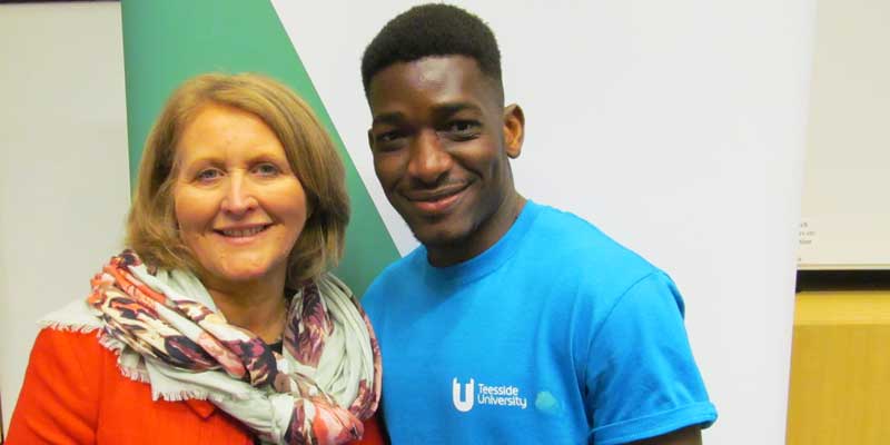 Children's Commissioner Anne Longfield OBE, with Teesside University student Yacouba Traore.