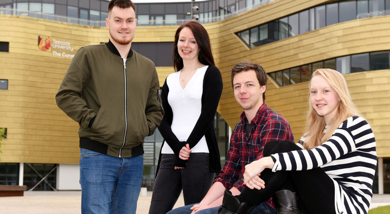 From left, Mikey Cunningham, BSc (Hons) Sports and Exercise (Sports Studies); Leeanne Chapman, BSc (Hons) Nursing Studies (Learning Disabilities) (Pre-Registration); Rob Nicholds, BSc (Hons) Computer Games Programming; Sophie Lamond, BA (Hons) Early Childhood Studies.