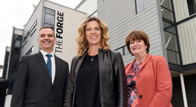 From left: Keith Hurst (Associate Dean, Teesside University Business School), Sally Gunnell and Laura Woods (Director of The Forge).
