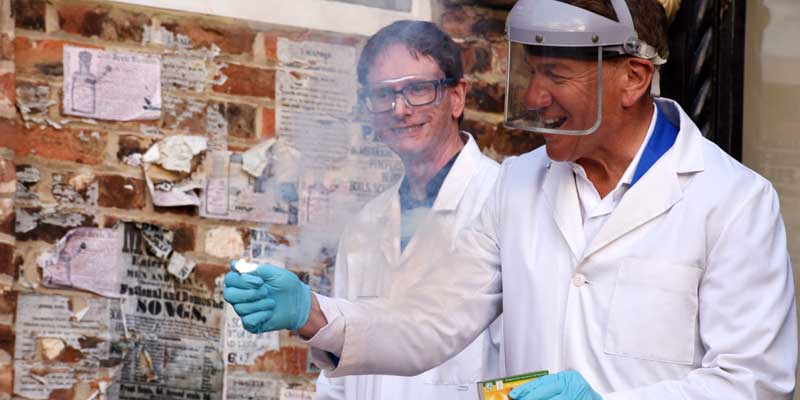 Dr Joe McGinnis with Michael Portillo filming Great British Railway Journeys.