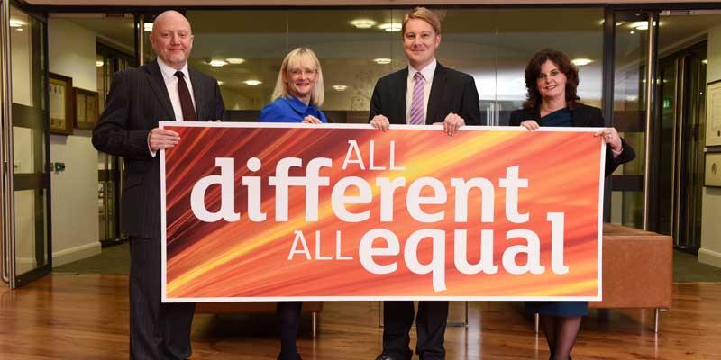 Teesside University Diversity Champions, left to right, Malcolm Page, Chief Operating Officer, Juliet Amos, Executive Director (Human Resources), Michael Lavery, Executive Director (External Relations) and Professor Jane Turner, Pro Vice-Chancellor (Enterprise and Business Engagement). 