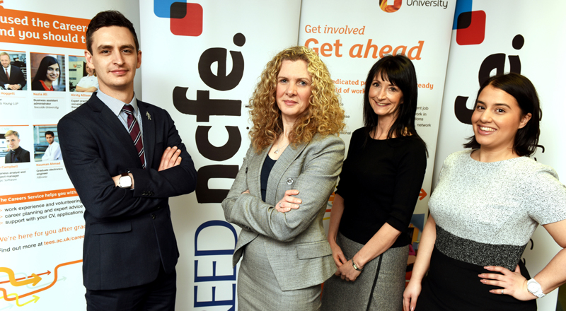 From left - Chris Roberts (Graduate Recruitment Team Manager, REED NCFE), Meryl Levington (Head of Student Futures, Teesside University), Sue Stockwell (Senior Careers Adviser, Teesside University) and Yasmin Hajim (Graduate Recruitment Officer, REED NCFE).