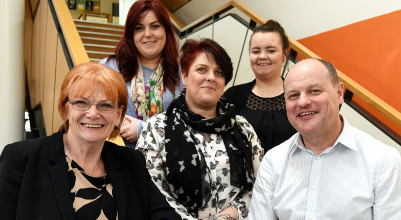 From left, Marion Grieves, Dean of the School of Health & Social Care, (back) social worker Beth Burnside, (front) social work student Jayne Walker, (back) care leaver Hollie Lowery, (front) social work lecturer Mike Wren 