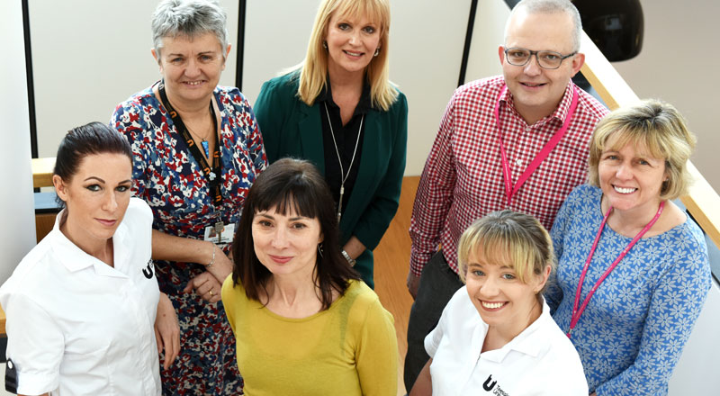 Front from left, student nurse Kelly Spence; Jill Foley, principal lecturer nursing; student nurse Sophie Proud. Back from left, School of Health & Social Care academics, Jacquie Horner, Marie Gressmann, Mark Wheatley and Ann French.