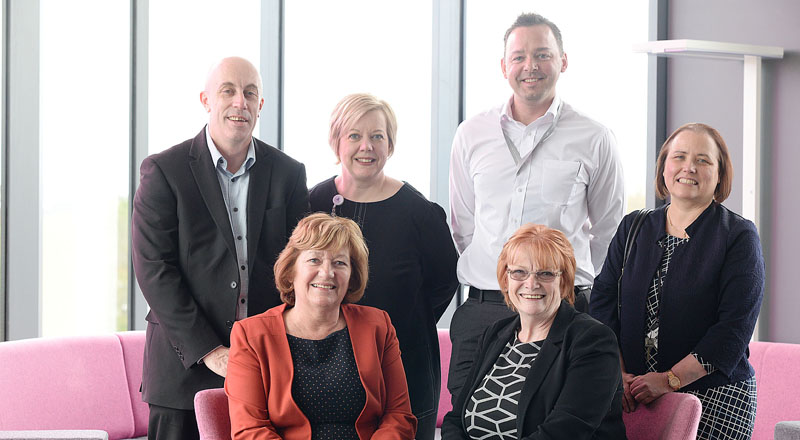 Back row (from left) - Derek Marshall, Chief Workforce Strategist and Planner for Health Education England North East; Gill Hunt, Director of Nursing at South Tees Hospitals NHS Foundation Trust; Scott Godfrey, Nursing Associate Programme Leader; Jan Harris,  Head of Department (Nursing). Front row - Linda Nelson, Associate Dean (Enterprise and Business Engagement), Marion Grieves, Dean of the School of Health & Social Care.