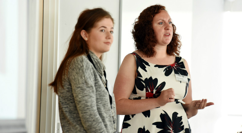 Abby Dixon (left) and Donna Jacques from Fujifilm Diosynth Technologies speaking at the degree apprenticeship event at Teesside University.